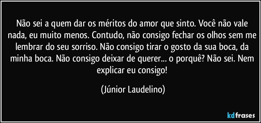 Não sei a quem dar os méritos do amor que sinto. Você não vale nada, eu muito menos. Contudo, não consigo fechar os olhos sem me lembrar do seu sorriso. Não consigo tirar o gosto da sua boca, da minha boca. Não consigo deixar de querer... o porquê? Não sei. Nem explicar eu consigo! (Júnior Laudelino)