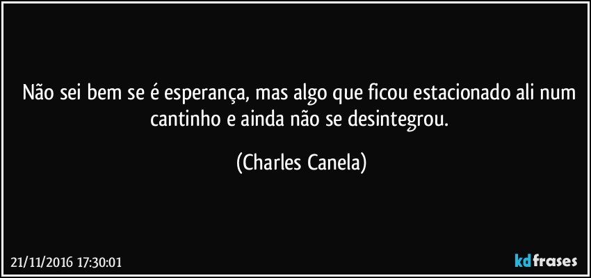 Não sei bem se é esperança, mas algo que ficou estacionado ali num cantinho e ainda não se desintegrou. (Charles Canela)