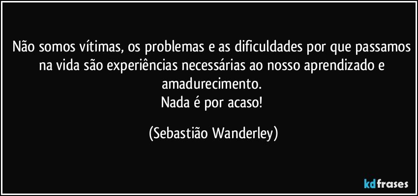 Não somos vítimas, os problemas e as dificuldades por que passamos na vida são experiências necessárias ao nosso aprendizado e amadurecimento. 
Nada é por acaso! (Sebastião Wanderley)