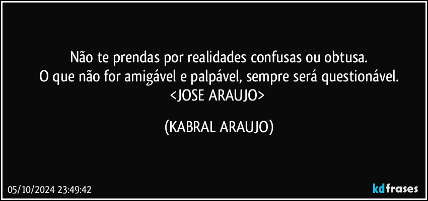 Não te prendas por realidades confusas ou obtusa.
O que não for amigável e palpável, sempre será questionável.
<JOSE ARAUJO> (KABRAL ARAUJO)