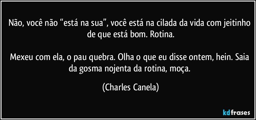 Não, você não “está na sua”, você está na cilada da vida com jeitinho de que está bom. Rotina.

Mexeu com ela, o pau quebra. Olha o que eu disse ontem, hein. Saia da gosma nojenta da rotina, moça. (Charles Canela)