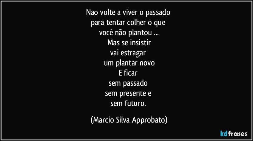 Nao volte a viver o passado 
para tentar colher o que 
você não plantou ...
Mas se insistir
vai estragar 
um plantar novo
E ficar 
sem passado 
sem presente e 
sem futuro. (Marcio Silva Approbato)