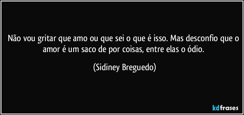 Não vou gritar que amo ou que sei o que é isso. Mas desconfio que o amor é um saco de por coisas, entre elas o ódio. (Sidiney Breguedo)