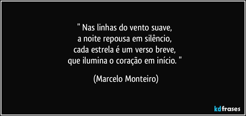 " Nas linhas do vento suave,
a noite repousa em silêncio,
cada estrela é um verso breve,
que ilumina o coração em início. " (Marcelo Monteiro)