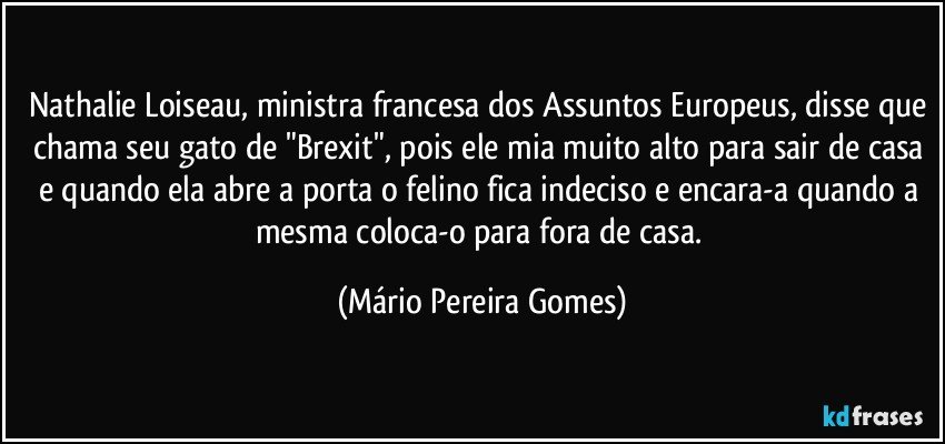 Nathalie Loiseau, ministra francesa dos Assuntos Europeus, disse que chama seu gato de "Brexit", pois ele mia muito alto para sair de casa e quando ela abre a porta o felino fica indeciso e encara-a quando a mesma coloca-o para fora de casa. (Mário Pereira Gomes)