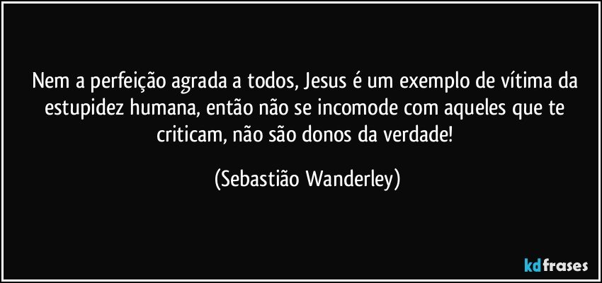 Nem a perfeição agrada a todos, Jesus é um exemplo de vítima da estupidez humana, então não se incomode com aqueles que te criticam, não são donos da verdade! (Sebastião Wanderley)