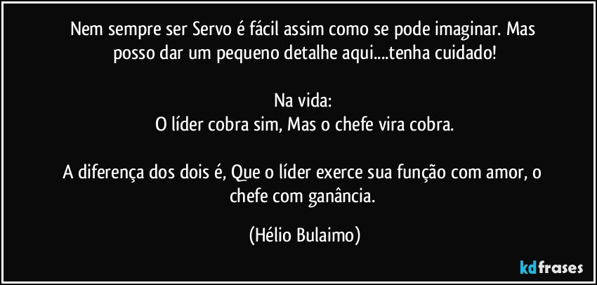 Nem sempre ser Servo é fácil assim como se pode imaginar. Mas posso dar um pequeno detalhe aqui...tenha cuidado!

Na vida: 
O líder cobra sim,  Mas o chefe vira cobra.

A diferença dos dois é,  Que o líder exerce sua função com amor,  o chefe com ganância. (Hélio Bulaimo)