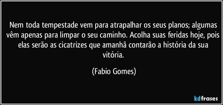 Nem toda tempestade vem para atrapalhar os seus planos; algumas vêm apenas para limpar o seu caminho. Acolha suas feridas hoje, pois elas serão as cicatrizes que amanhã contarão a história da sua vitória. (Fabio Gomes)