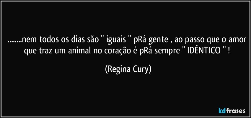 ...nem todos os dias são " iguais " pRá gente , ao passo que o amor que traz um animal no coração é pRá sempre " IDÊNTICO " ! (Regina Cury)