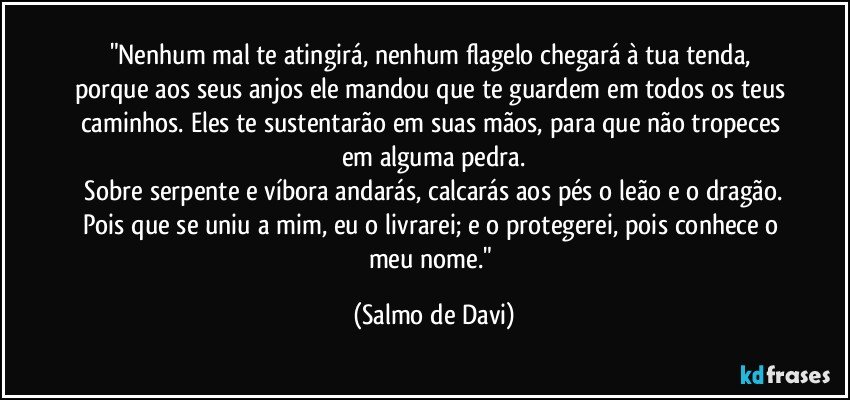 "Nenhum mal te atingirá, nenhum flagelo chegará à tua tenda, porque aos seus anjos ele mandou que te guardem em todos os teus caminhos. Eles te sustentarão em suas mãos, para que não tropeces em alguma pedra.
 Sobre serpente e víbora andarás, calcarás aos pés o leão e o dragão. Pois que se uniu a mim, eu o livrarei; e o protegerei, pois conhece o meu nome." (Salmo de Davi)