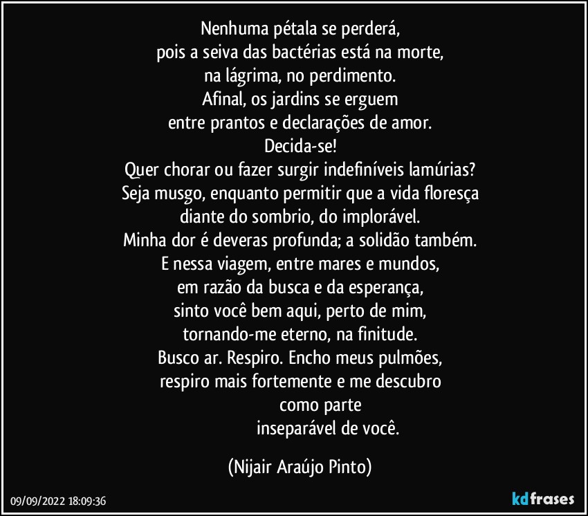 Nenhuma pétala se perderá,
pois a seiva das bactérias está na morte,
na lágrima, no perdimento.
Afinal, os jardins se erguem
entre prantos e declarações de amor.
Decida-se!
Quer chorar ou fazer surgir indefiníveis lamúrias?
Seja musgo, enquanto permitir que a vida floresça
diante do sombrio, do implorável.
Minha dor é deveras profunda; a solidão também.
E nessa viagem, entre mares e mundos,
em razão da busca e da esperança,
sinto você bem aqui, perto de mim,
tornando-me eterno, na finitude.
Busco ar. Respiro. Encho meus pulmões,
respiro mais fortemente e me descubro
                                   como parte
                                                  inseparável de você. (Nijair Araújo Pinto)