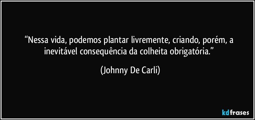 “Nessa vida, podemos plantar livremente, criando, porém, a inevitável consequência da colheita obrigatória.” (Johnny De Carli)