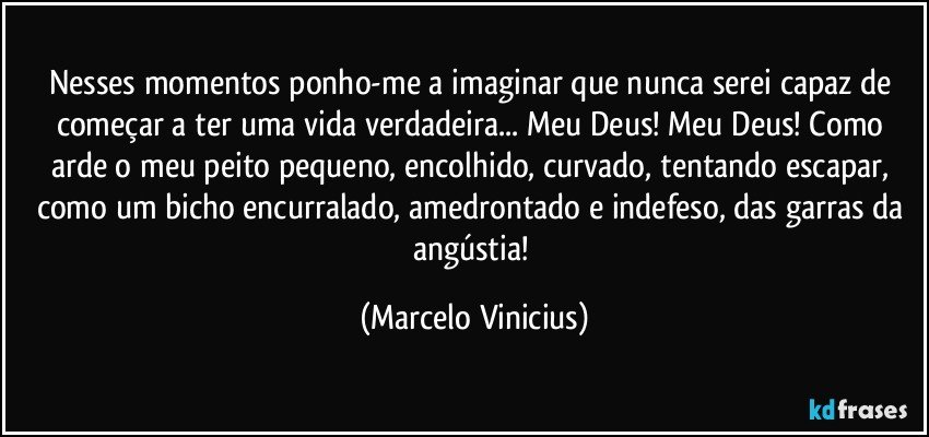 Nesses momentos ponho-me a imaginar que nunca serei capaz de começar a ter uma vida verdadeira... Meu Deus! Meu Deus! Como arde o meu peito pequeno, encolhido, curvado, tentando escapar, como um bicho encurralado, amedrontado e indefeso, das garras da angústia! (Marcelo Vinicius)