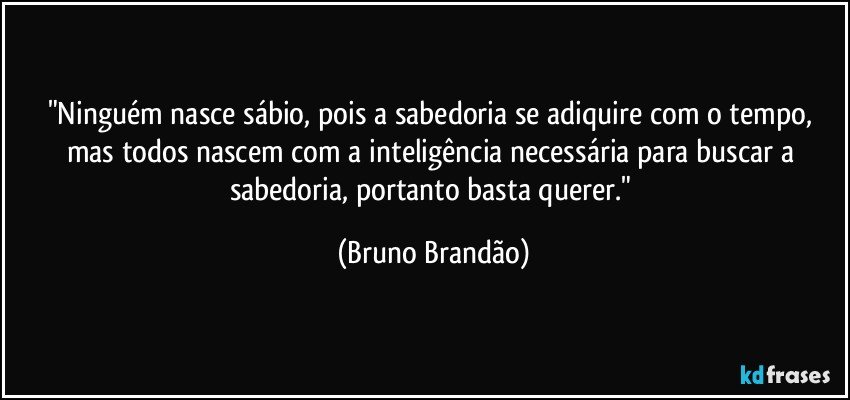 "Ninguém nasce sábio, pois a sabedoria se adiquire com o tempo, mas todos nascem com a inteligência necessária para buscar a sabedoria, portanto basta querer." (Bruno Brandão)