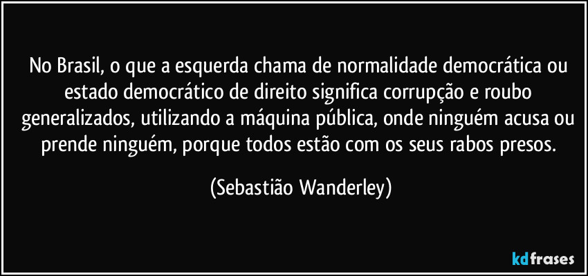 No Brasil, o que a esquerda chama de normalidade democrática ou estado democrático de direito significa corrupção e roubo generalizados, utilizando a máquina pública, onde ninguém acusa ou prende ninguém, porque todos estão com os seus rabos presos. (Sebastião Wanderley)