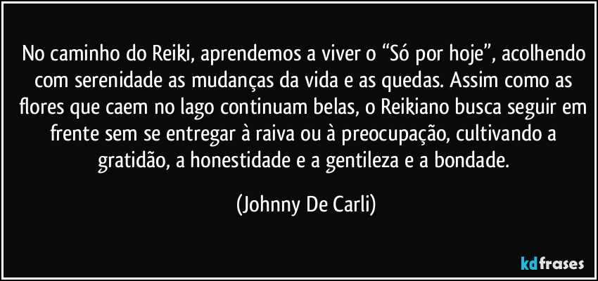 No caminho do Reiki, aprendemos a viver o “Só por hoje”, acolhendo com serenidade as mudanças da vida e as quedas. Assim como as flores que caem no lago continuam belas, o Reikiano busca seguir em frente sem se entregar à raiva ou à preocupação, cultivando a gratidão, a honestidade e a gentileza e a bondade. (Johnny De Carli)