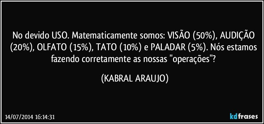 No devido USO. Matematicamente somos: VISÃO (50%), AUDIÇÃO (20%), OLFATO (15%), TATO (10%) e PALADAR (5%). Nós estamos fazendo corretamente as nossas "operações"? (KABRAL ARAUJO)