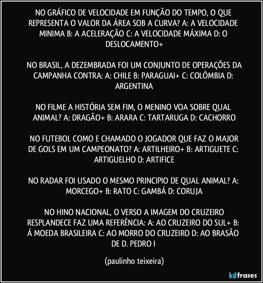 NO GRÁFICO DE VELOCIDADE EM FUNÇÃO DO TEMPO, O QUE REPRESENTA O VALOR DA ÁREA SOB A CURVA?  A: A VELOCIDADE MINIMA  B: A ACELERAÇÃO  C: A VELOCIDADE MÁXIMA  D: O DESLOCAMENTO+

 NO BRASIL, A DEZEMBRADA FOI UM CONJUNTO DE OPERAÇÕES DA CAMPANHA CONTRA:  A: CHILE  B: PARAGUAI+  C: COLÔMBIA  D: ARGENTINA

NO FILME A HISTÓRIA SEM FIM, O MENINO VOA SOBRE QUAL ANIMAL?  A: DRAGÃO+  B: ARARA  C: TARTARUGA  D: CACHORRO

 NO FUTEBOL COMO E CHAMADO O JOGADOR QUE FAZ O MAJOR DE GOLS EM UM CAMPEONATO?  A: ARTILHEIRO+  B: ARTIGUETE  C: ARTIGUELHO  D: ARTIFICE

NO RADAR FOI USADO O MESMO PRINCIPIO DE QUAL ANIMAL?  A: MORCEGO+  B: RATO  C: GAMBÁ  D: CORUJA

 NO HINO NACIONAL, O VERSO A IMAGEM DO CRUZEIRO RESPLANDECE FAZ UMA REFERÊNCIA:  A: AO CRUZEIRO DO SUL+  B: Á MOEDA BRASILEIRA  C: AO MORRO DO CRUZEIRO  D: AO BRASÃO DE D. PEDRO I (paulinho teixeira)