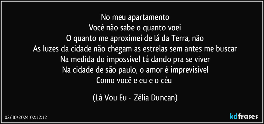 No meu apartamento
Você não sabe o quanto voei
O quanto me aproximei de lá da Terra, não
As luzes da cidade não chegam as estrelas sem antes me buscar
Na medida do impossível tá dando pra se viver
Na cidade de são paulo, o amor é imprevisível
Como você e eu e o céu (Lá Vou Eu - Zélia Duncan)