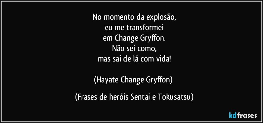 No momento da explosão,
eu me transformei
em Change Gryffon.
Não sei como,
mas saí de lá com vida!

(Hayate / Change Gryffon) (Frases de heróis Sentai e Tokusatsu)