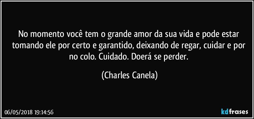 No momento você tem o grande amor da sua vida e pode estar tomando ele por certo e garantido, deixando de regar, cuidar e por no colo. Cuidado. Doerá se perder. (Charles Canela)