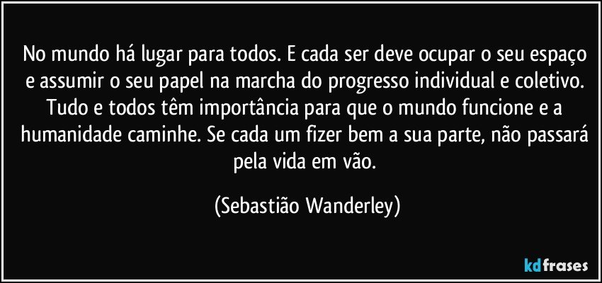 No mundo há lugar para todos. E cada ser deve ocupar o seu espaço e assumir o seu papel na marcha do progresso individual e coletivo. Tudo e todos têm importância para que o mundo funcione e a humanidade caminhe. Se cada um fizer bem a sua parte, não passará pela vida em vão. (Sebastião Wanderley)