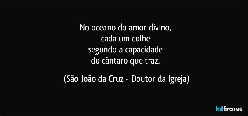 No oceano do amor divino, 
cada um colhe 
segundo a capacidade 
do cântaro que traz. (São João da Cruz - Doutor da Igreja)