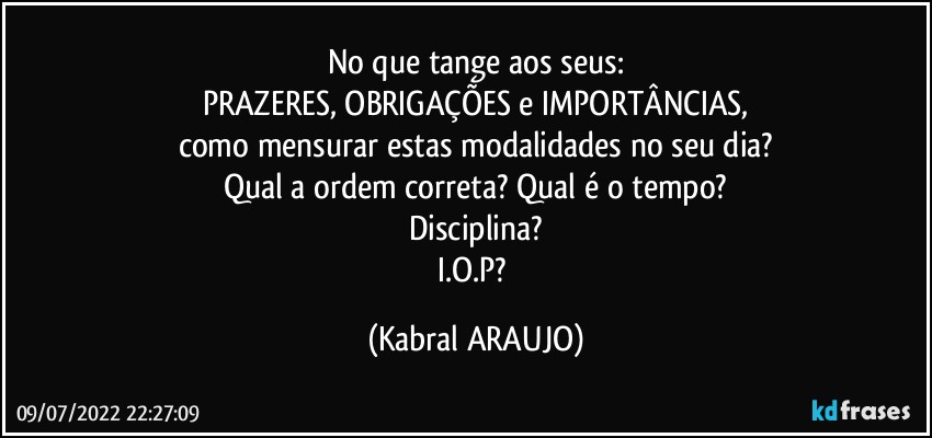 No que tange aos seus:
PRAZERES, OBRIGAÇÕES e IMPORTÂNCIAS,
como mensurar estas modalidades no seu dia?
Qual a ordem correta? Qual é o tempo?
Disciplina?
I.O.P? (KABRAL ARAUJO)