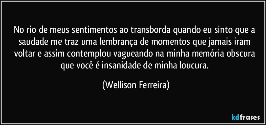 No rio de meus sentimentos ao transborda quando eu sinto que a saudade me traz uma lembrança de momentos que jamais iram voltar e assim contemplou vagueando na minha memória obscura que você é insanidade de minha loucura. (Wellison Ferreira)