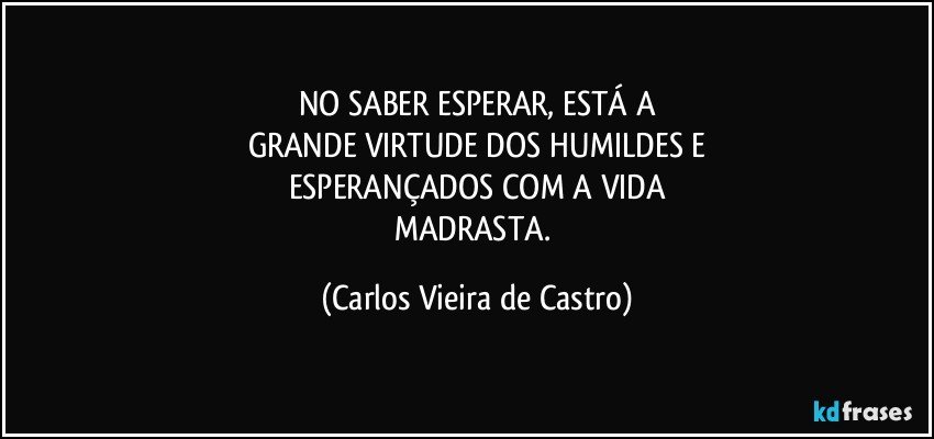 NO SABER ESPERAR, ESTÁ A
GRANDE VIRTUDE DOS HUMILDES E
ESPERANÇADOS COM A VIDA
MADRASTA. (Carlos Vieira de Castro)