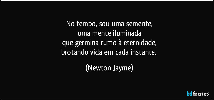 No tempo, sou uma semente,
uma mente iluminada
que germina rumo à eternidade,
brotando vida em cada instante. (Newton Jayme)