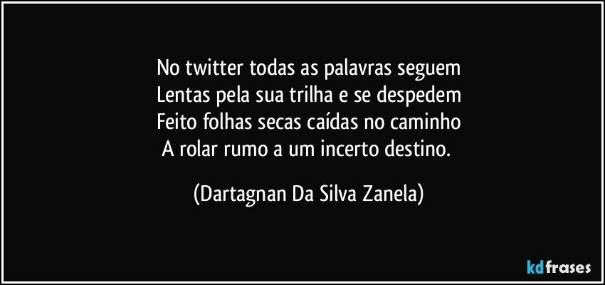 No twitter todas as palavras seguem
Lentas pela sua trilha e se despedem
Feito folhas secas caídas no caminho
A rolar rumo a um incerto destino. (Dartagnan Da Silva Zanela)