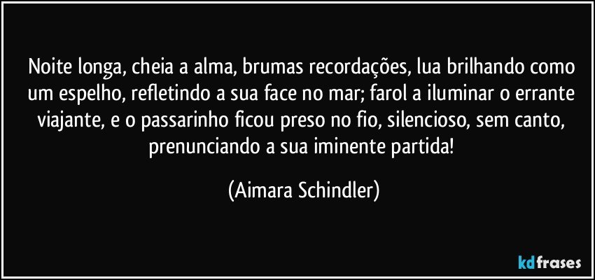 Noite longa, cheia a alma, brumas recordações, lua brilhando como um espelho, refletindo a sua face no mar;  farol a iluminar o errante viajante, e o passarinho ficou preso no fio, silencioso, sem canto, prenunciando a sua iminente partida! (Aimara Schindler)