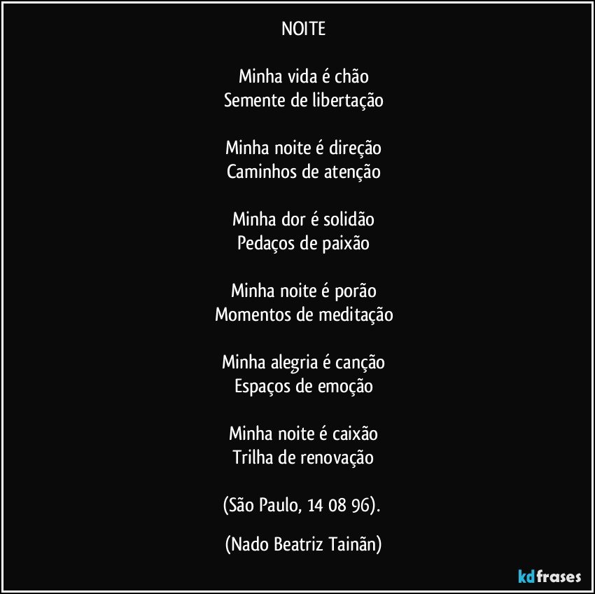 NOITE

Minha vida é chão
Semente de libertação

Minha noite é direção
Caminhos de atenção

Minha dor é solidão
Pedaços de paixão

Minha noite é porão
Momentos de meditação

Minha alegria é canção
Espaços de emoção

Minha noite é caixão
Trilha de renovação

(São Paulo, 14/ 08/ 96). (Nado Beatriz Tainãn)