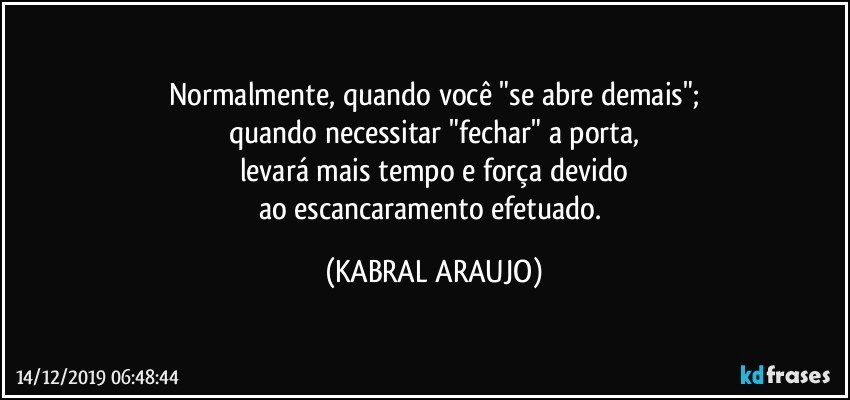 Normalmente, quando você "se abre demais";
quando necessitar "fechar" a porta,
levará mais tempo e força devido
ao escancaramento efetuado. (KABRAL ARAUJO)