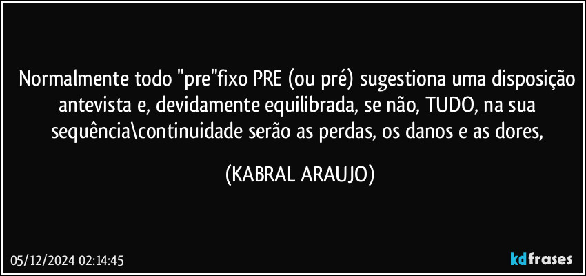 Normalmente todo "pre"fixo PRE (ou pré) sugestiona uma disposição antevista e, devidamente equilibrada, se não, TUDO, na sua sequência\continuidade serão as perdas, os danos e as dores, (KABRAL ARAUJO)