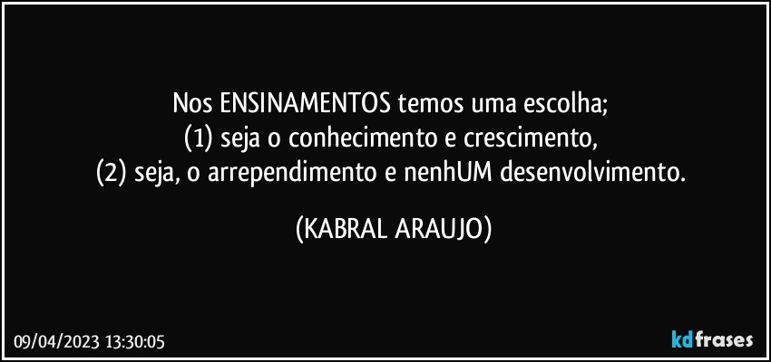 Nos ENSINAMENTOS temos uma escolha; 
(1) seja o conhecimento e crescimento, 
(2) seja, o arrependimento e nenhUM desenvolvimento. (KABRAL ARAUJO)