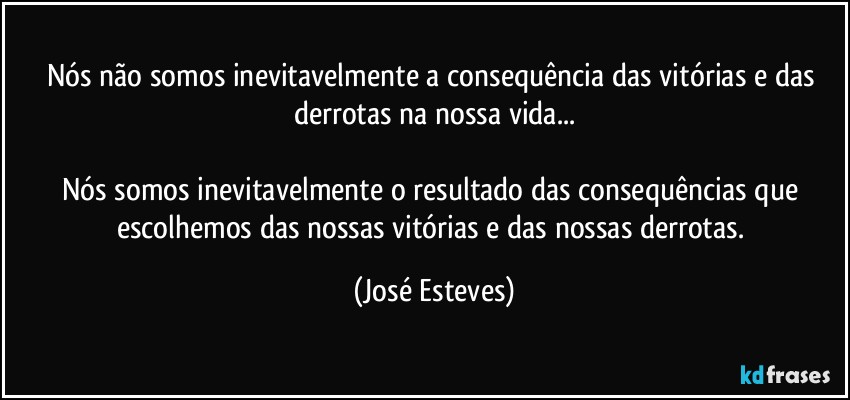 Nós não somos inevitavelmente a consequência das vitórias e das derrotas na nossa vida...

Nós somos inevitavelmente o resultado das consequências que escolhemos das nossas vitórias e das nossas derrotas. (José Esteves)