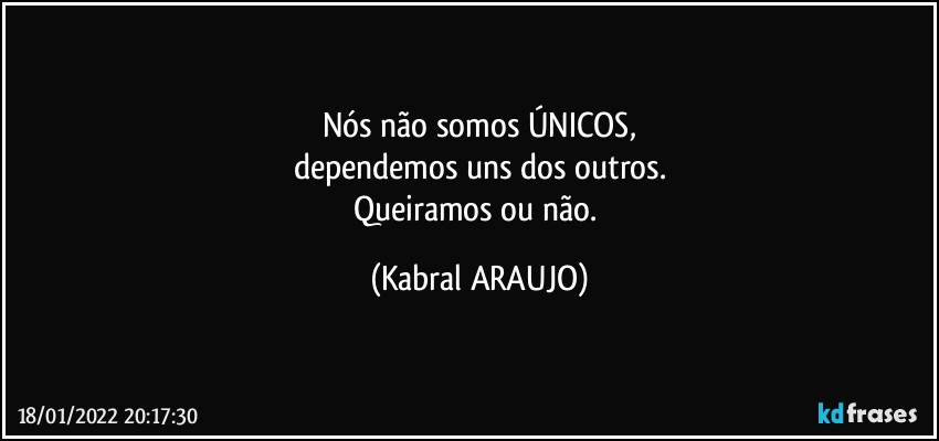 Nós não somos ÚNICOS,
dependemos uns dos outros.
Queiramos ou não. (KABRAL ARAUJO)