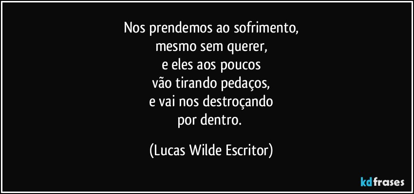 Nos prendemos ao sofrimento,
mesmo sem querer,
e eles aos poucos
vão tirando pedaços,
e vai nos destroçando
por dentro. (Lucas Wilde Escritor)