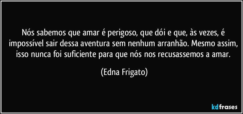 Nós sabemos que amar é perigoso, que dói e que, às vezes, é impossível sair dessa aventura sem nenhum arranhão. Mesmo assim, isso nunca foi suficiente para que nós nos recusassemos a amar. (Edna Frigato)