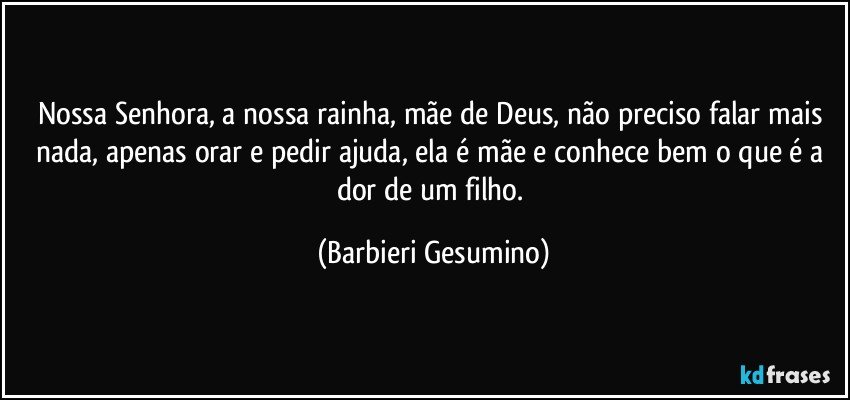 Nossa Senhora, a nossa rainha, mãe de Deus, não preciso falar mais nada, apenas orar e pedir ajuda, ela é mãe e conhece bem o que é a dor de um filho. (Barbieri Gesumino)