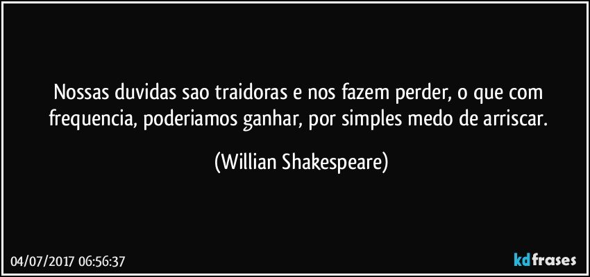 Nossas duvidas sao traidoras e nos fazem perder, o que com frequencia,  poderiamos ganhar, por simples medo de arriscar. (Willian Shakespeare)