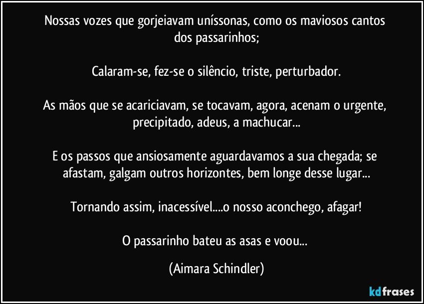 Nossas vozes que gorjeiavam uníssonas, como os maviosos cantos dos passarinhos;

Calaram-se, fez-se o silêncio, triste, perturbador.

As  mãos que se acariciavam, se tocavam, agora, acenam o urgente, precipitado, adeus, a machucar...

E os passos que ansiosamente aguardavamos a sua chegada; se afastam, galgam outros horizontes, bem longe desse lugar...

Tornando assim, inacessível...o nosso aconchego, afagar!

O passarinho bateu as asas e voou... (Aimara Schindler)