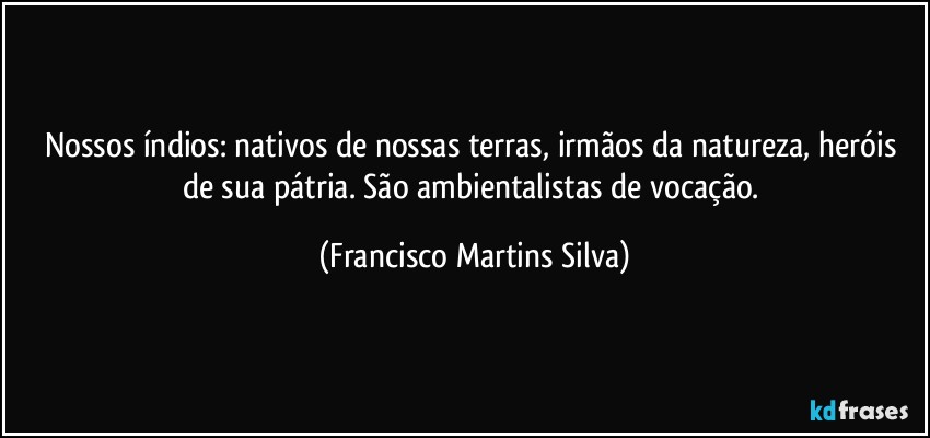 Nossos índios: nativos de nossas terras, irmãos da natureza, heróis de sua pátria. São ambientalistas de vocação. (Francisco Martins Silva)