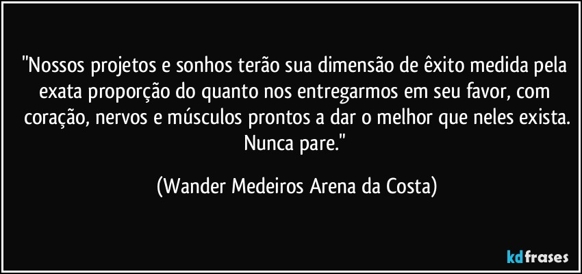 "Nossos projetos e sonhos terão sua dimensão de êxito medida pela exata proporção do quanto nos entregarmos em seu favor, com coração, nervos e músculos prontos a dar o melhor que neles exista.
Nunca pare." (Wander Medeiros Arena da Costa)