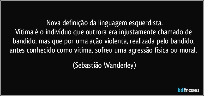 Nova definição da linguagem esquerdista.
Vítima é o indivíduo que outrora era injustamente chamado de bandido, mas que por uma ação violenta, realizada pelo bandido, antes conhecido como vítima, sofreu uma agressão física ou moral. (Sebastião Wanderley)