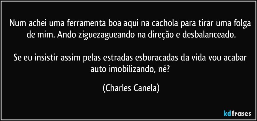 Num achei uma ferramenta boa aqui na cachola para tirar uma folga de mim. Ando ziguezagueando na direção e desbalanceado.

Se eu insistir assim pelas estradas esburacadas da vida vou acabar auto imobilizando, né? (Charles Canela)