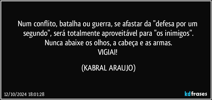 Num conflito, batalha ou guerra, se afastar da "defesa por um segundo", será totalmente aproveitável para "os inimigos".
Nunca abaixe os olhos, a cabeça e as armas.
VIGIAI! (KABRAL ARAUJO)