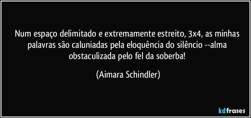 Num espaço delimitado e extremamente estreito, 3x4,  as minhas palavras são caluniadas pela eloquência do silêncio --alma obstaculizada pelo fel da soberba! (Aimara Schindler)